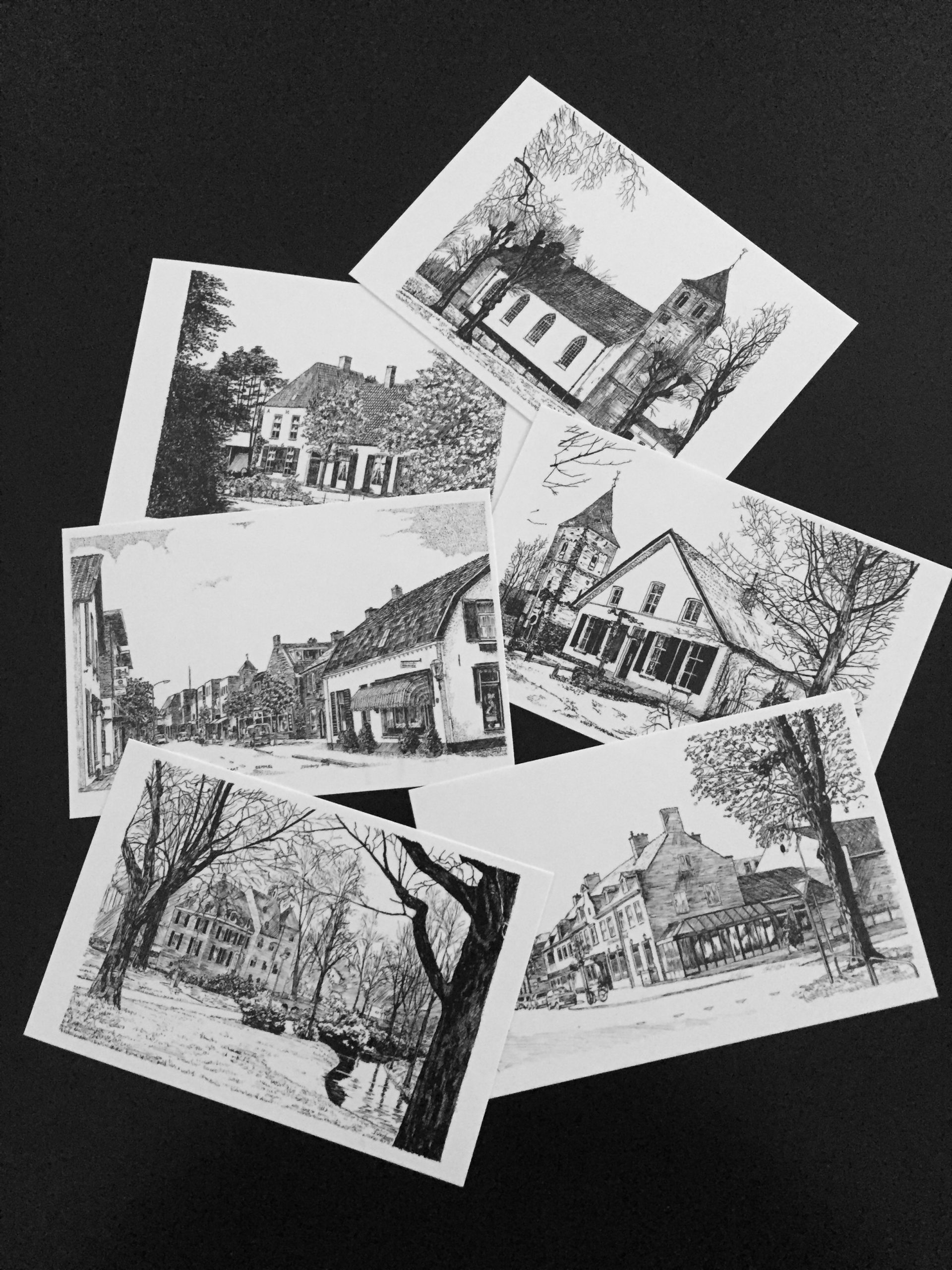 8 Ansichtkaarten van prenten van Joop Verburg